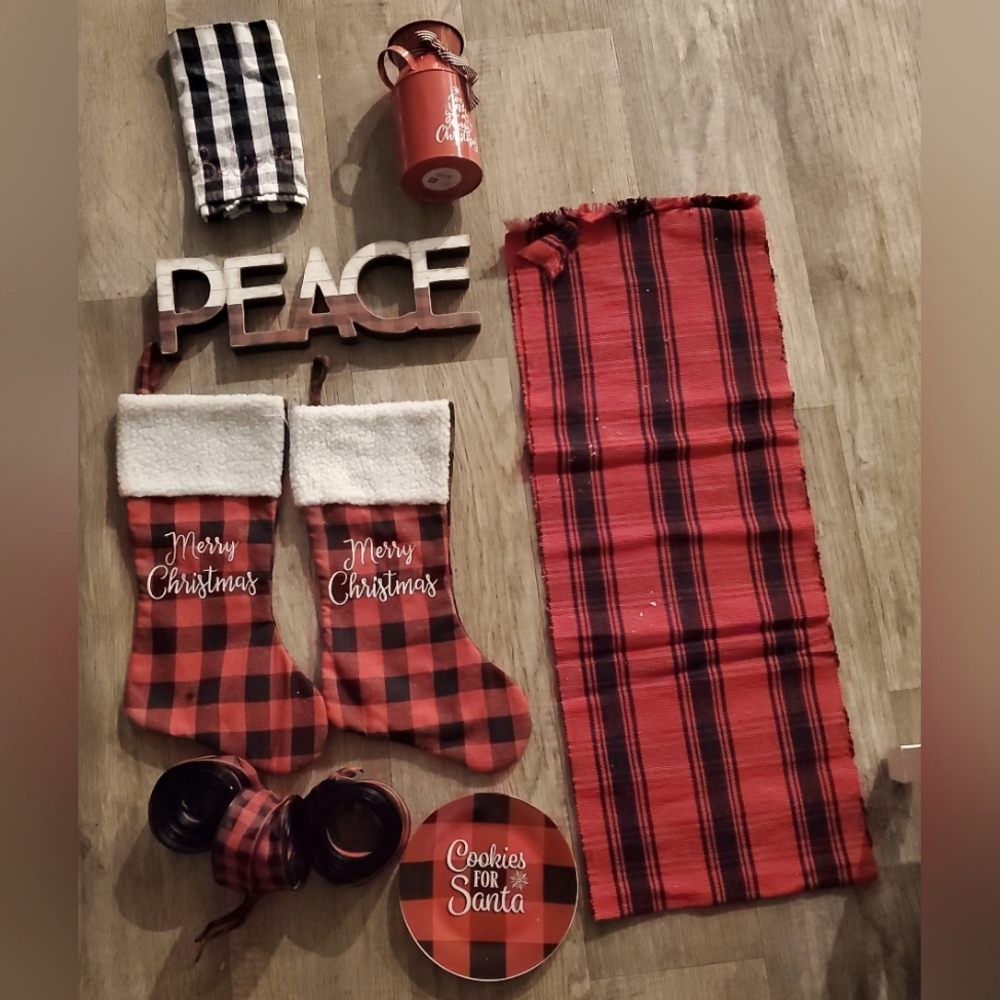 Lot of Red and Black Buffalo Print Holiday Decor